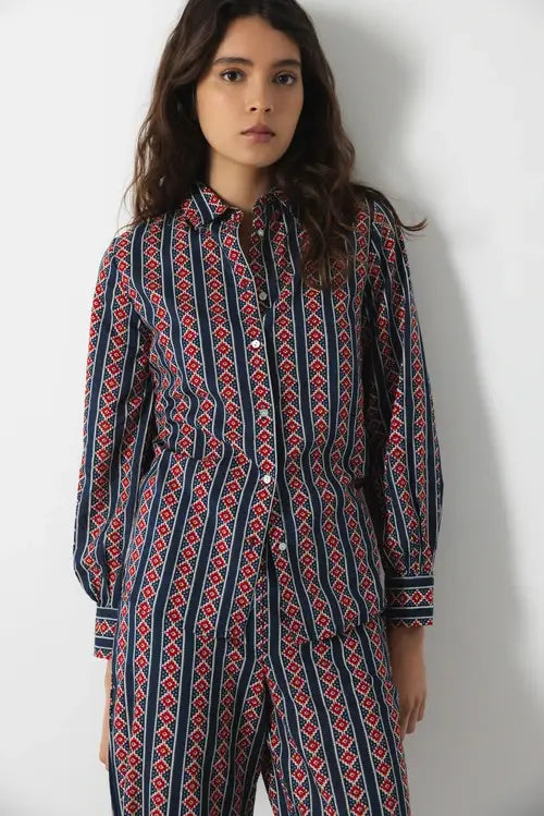 Classic Button Up Top | Navy Geometric