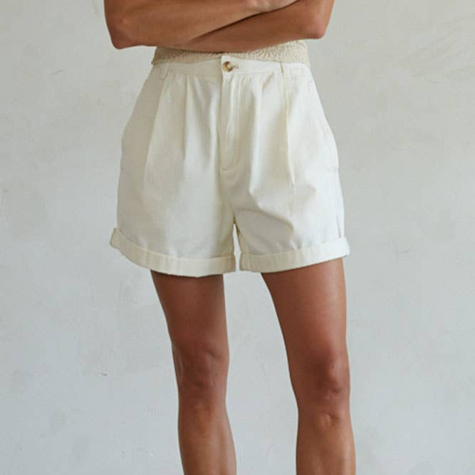 Pleated Cotton Shorts | Cream