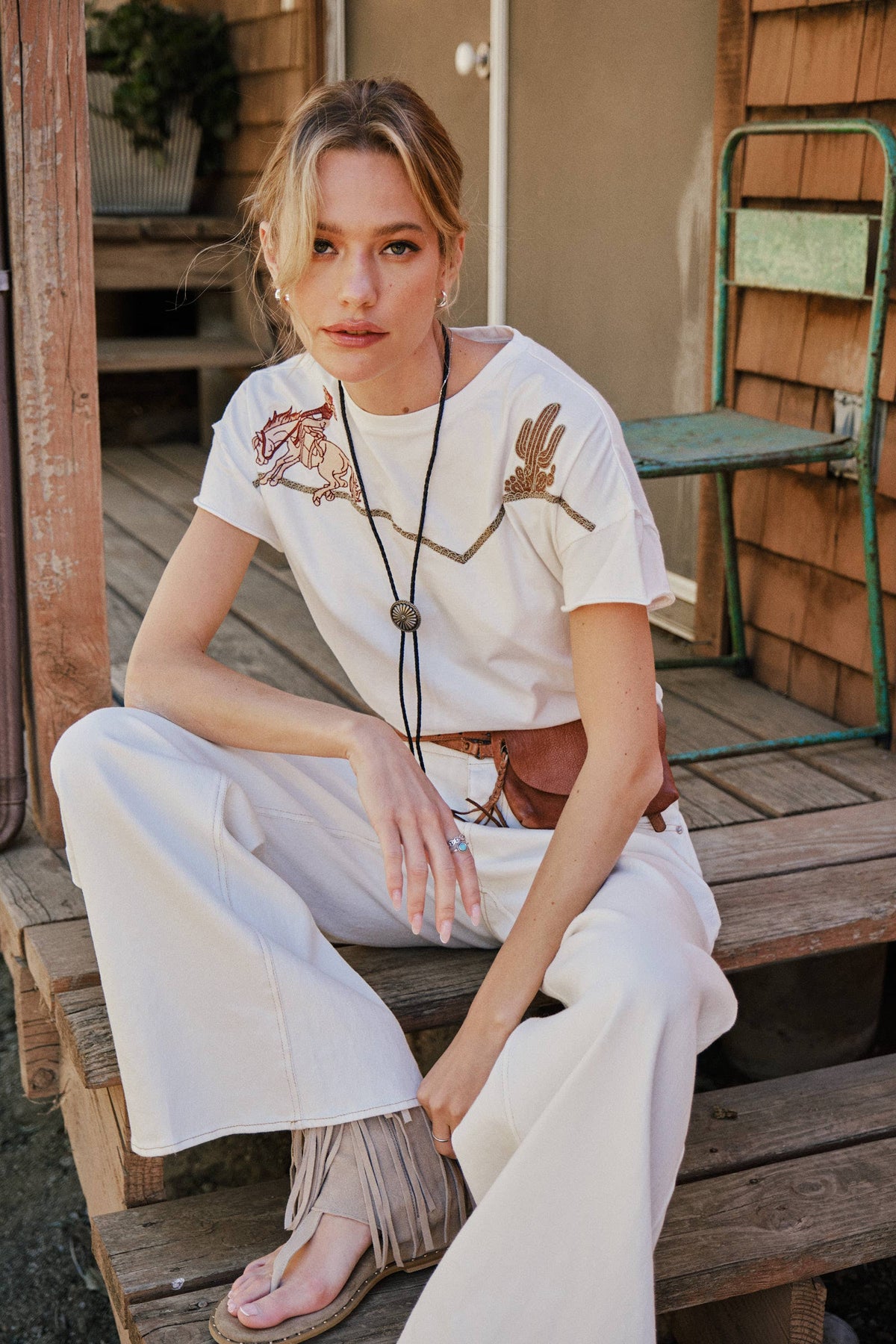 Embroidered Western Yoke T-Shirt | Off White