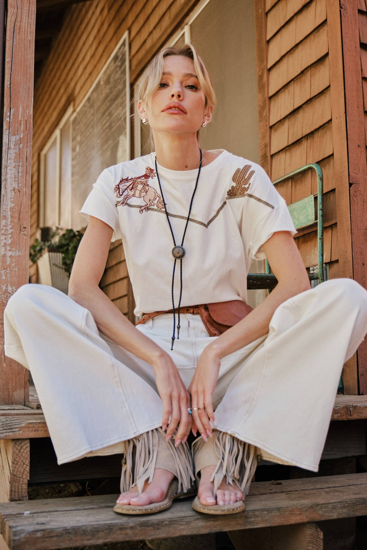 Embroidered Western Yoke T-Shirt | Off White