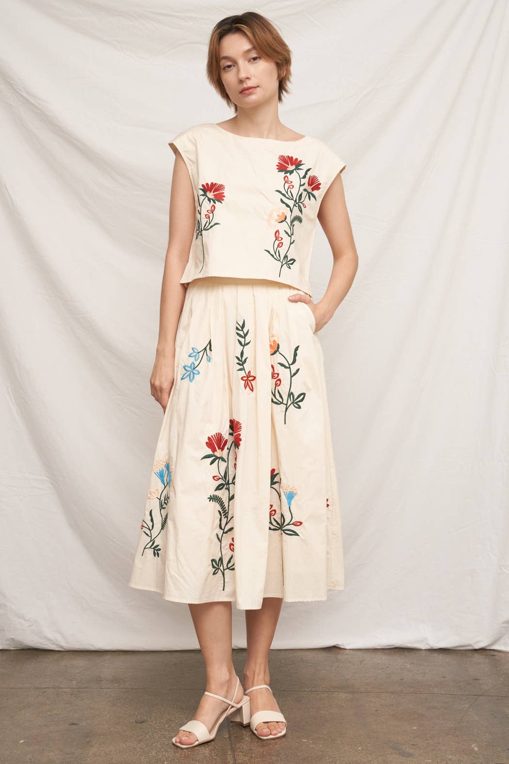 Floral Embroidered Skirt | Beige