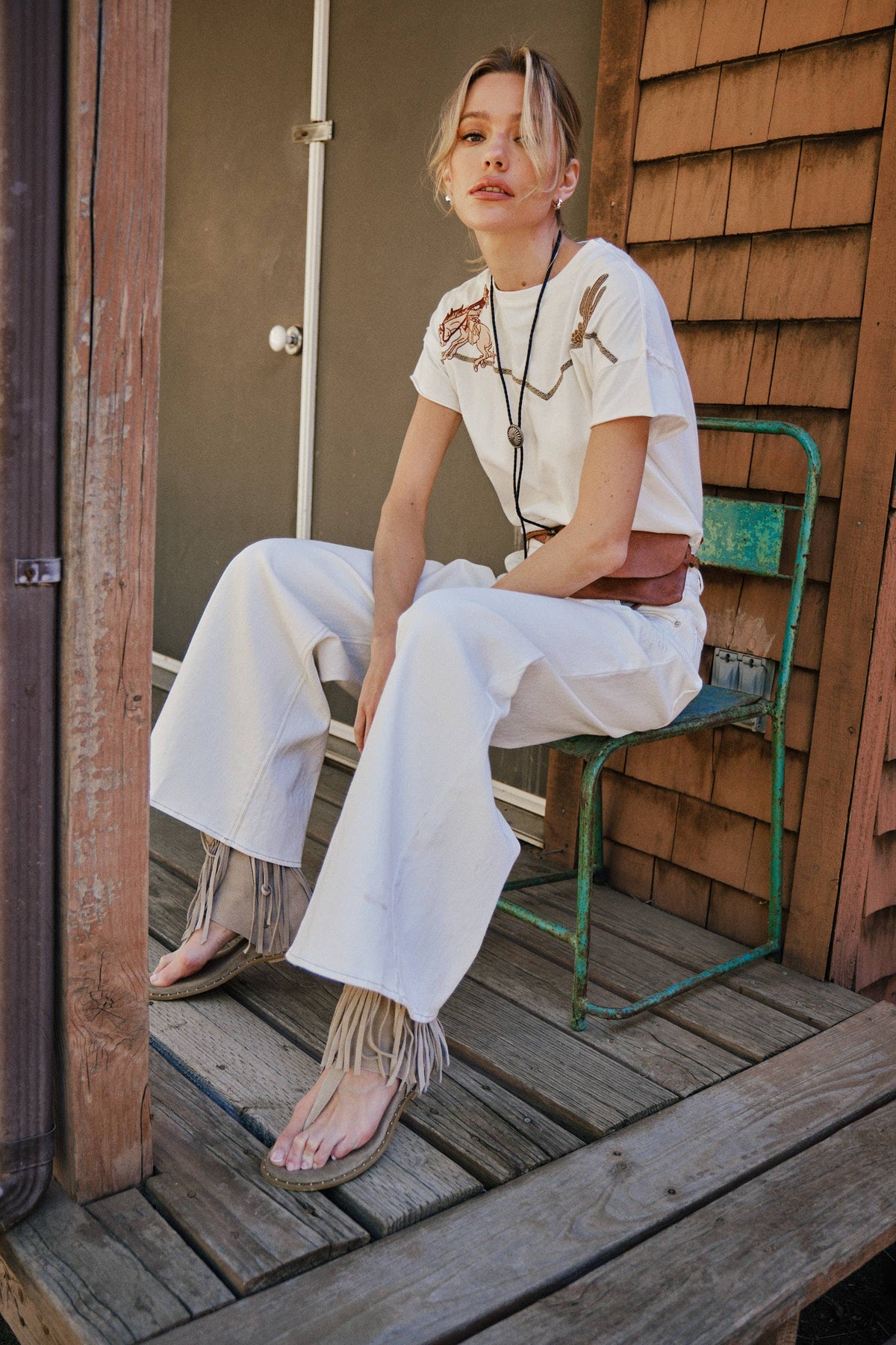 Embroidered Western Yoke T-Shirt | Off White